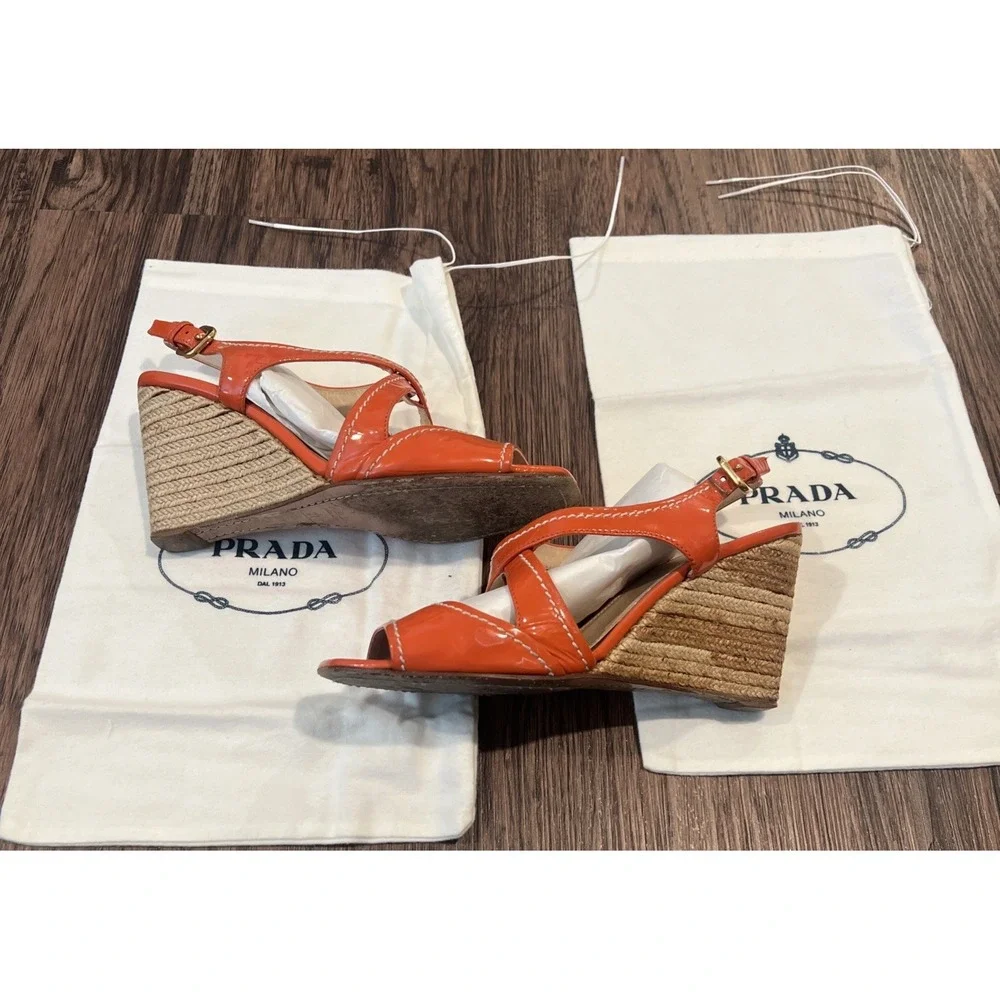 Prada Patent Leather Espadrille Wedge Sandals Size 37.5 Color Coral DETAILS